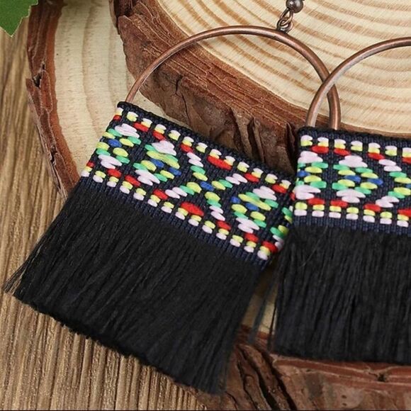 Copper and Black Fringe Tassel Earrings - Picture 3 of 3